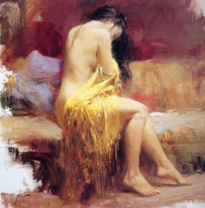 Pintura romantica de mulher com vestido amarelo